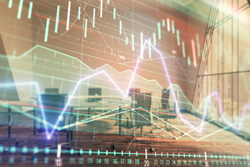 Multi exposure of stock market graph on conference room background. Concept of financial analysis