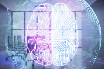 Double exposure of brain drawing hologram on conference room background. Concept of data analysis