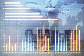 Double exposure of stock market graph with globe hologram on conference room background. Concept of international finance