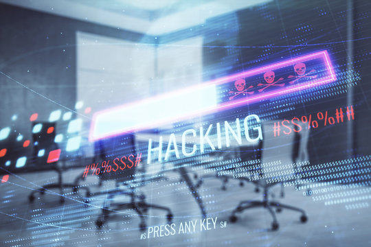 Double exposure of hacking theme hologram on conference room background. Concept of cyberpiracy