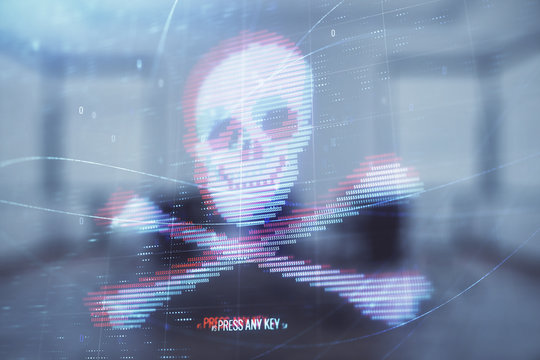 Double exposure of hacking theme hologram on conference room background. Concept of cyberpiracy