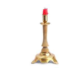 Candle In Candlestick Isolated on White Background.Free space for your text.