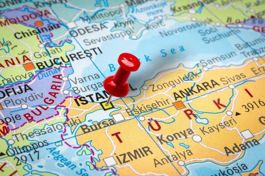 Pushpin pointing at Istanbul city in Turkey