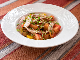 Spanish cuisine, fresh vegetable salad with tinned tunny
