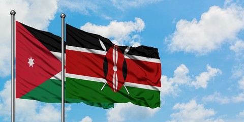 Jordan and Kenya flag waving in the wind against white cloudy blue sky together. Diplomacy concept,...