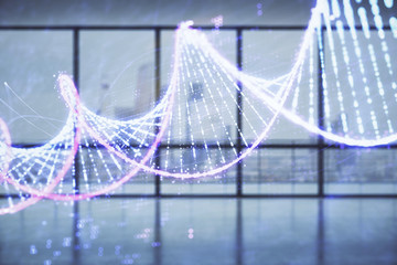 Double exposure of DNA hologram on empty room interior background. Education concept.
