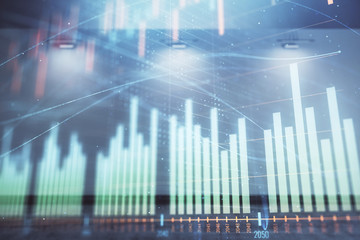 Double exposure of financial graph on empty room interior background. Forex market concept.