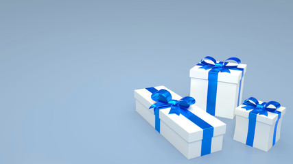 White gift boxes with blue ribbons, isolated on blue background. Illustration for Happy birthday, greetings card and Valentine’s day celebration. 3D rendering with blank space for text.