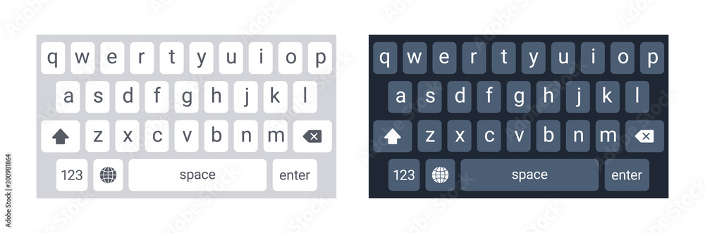 Poster smartphone keyboard in light and dark mode, keypad alphabet buttons in modern flat style, mobile pho