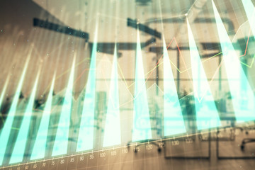 Stock and bond market graph with trading desk bank office interior on background. Multi exposure. Concept of financial analysis