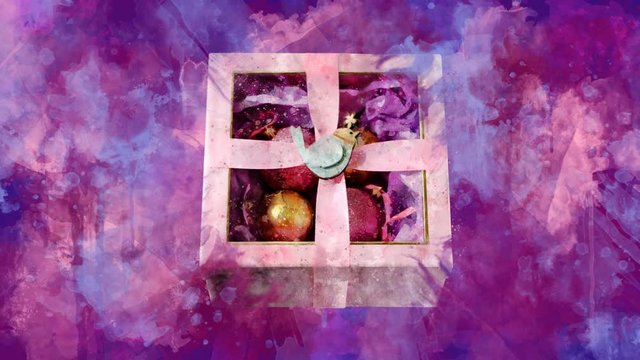 Watercolor Christmas decoration gift box on the back-ground of colored blots.