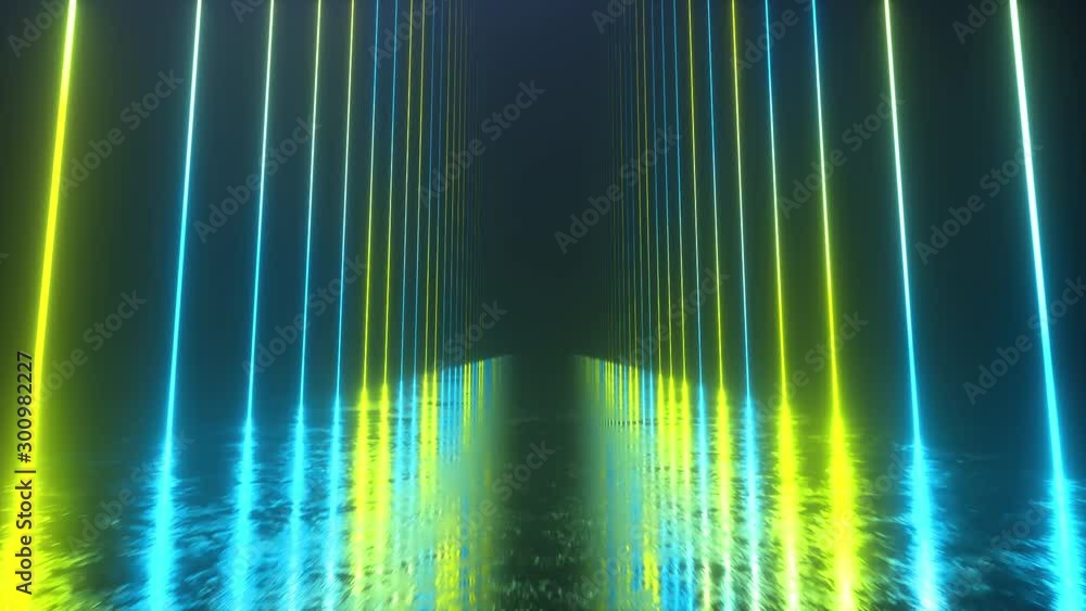 Poster endless corridor with neon lines tending up. metal reflective scratched floor. seamless loop 3d rend