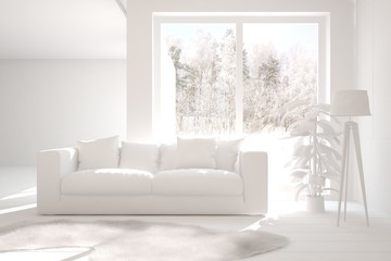 Mock up of stylish room in white color with sofa and winter landscape in window. Scandinavian interior design. 3D illustration