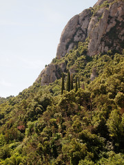 Rocky slopes of Montserrat, covered with dense vegetation.