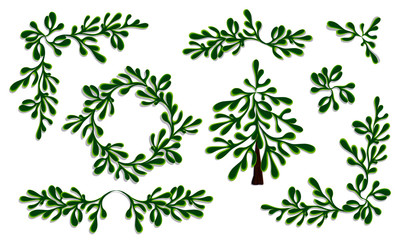 Set with spruce branches, pine twigs, Christmas tree, wreath, frame and angular border. Vector EPS 10
