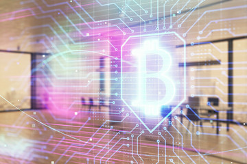 Cryptocurrency theme drawing with office interior background. Double exposure. Concept of blockchain.