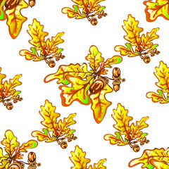 Fototapeta premium Vector autumn yellow oak leaves and acorn plant. Leaf plant botanical garden floral foliage.