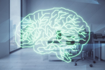 Human brain drawing with office interior on background. Double exposure. Concept of innovation.