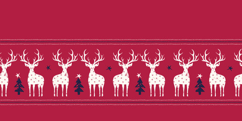 Winter Holidays Vector Seamless Border, White Hand-Stamped Deers, Fir Trees, Horizontal Stitch Stripes on Red Background