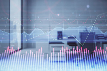 Stock market chart with trading desk bank office interior on background. Double exposure. Concept of financial analysis