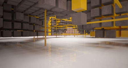 Abstract architectural concrete and rusted metal interior of cubes with white background . 3D illustration and rendering.