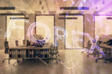 Stock market chart with trading desk bank office interior on background. Double exposure. Concept of financial analysis