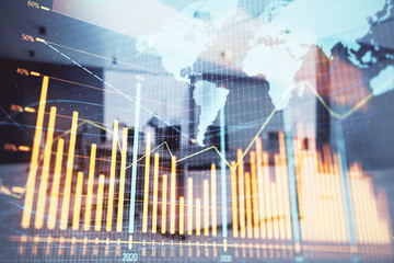 Stock and bond market graph and world map with trading desk bank office interior on background. Multi exposure. Concept of international finance