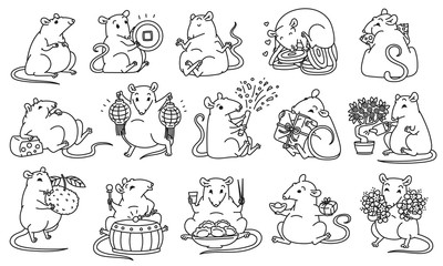 Rat set Chinese new year symbols. Cute mouse holds money and Chinese lanterns eats festive food drums and lets off fireworks. Vector black white outline illustrations.