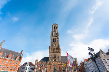 Fototapeta premium Grote Markt square or Market Square in Brugge and Belfort tower, Belgium