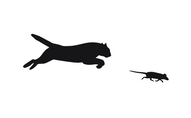 Vector black silhouettes of cat running after mouse isolated on white background