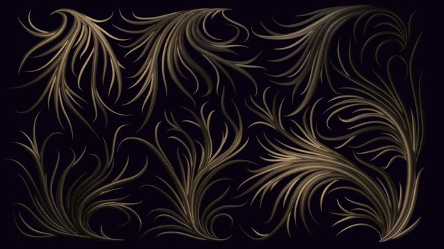 3D rendered animation. Growing vines. Gold pattern on black background. Alpha matte.