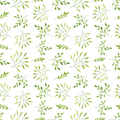 Seamless pattern with watercolor branches and leaves. Hand drawn illustration isolated on white. Template is perfect for interior design, social media background, fabric textile, wallpaper