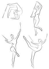 Collection. Rhythmic gymnastics. Silhouette of a girl with maces, ball, ribbon, hoop. Beautiful gymnast. The woman is slim and young. Vector illustration of a set
