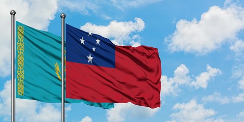 Kazakhstan and Samoa flag waving in the wind against white cloudy blue sky together. Diplomacy concept, international relations.
