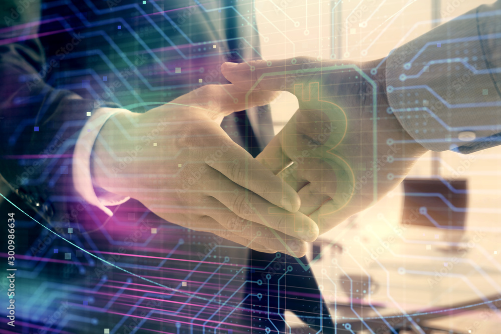 Poster double exposure of blockchain theme drawing on office background with two businessmen handshake. con