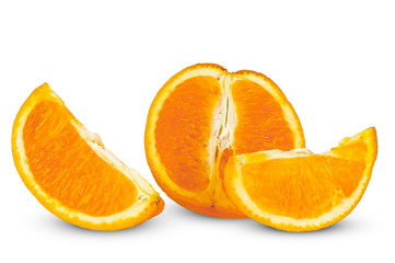 Isolated oranges. Group of fresh orange fruits with leaves on white background, with clipping path.