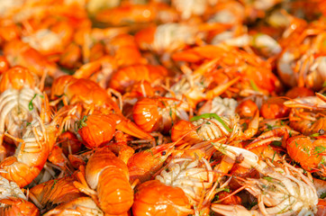 Homemade southern crawfish boil in a cooking pan