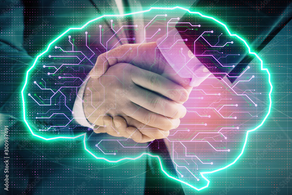 Aufkleber multi exposure of human brain drawing on abstract background with two men handshake. concept of data