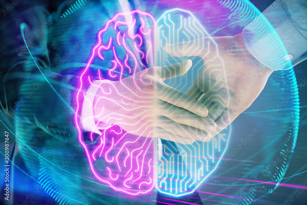 Poster multi exposure of human brain drawing on abstract background with two men handshake. concept of data