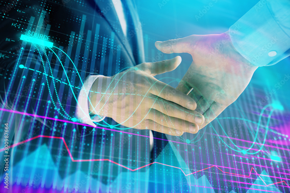 Poster multi exposure of forex graph on abstract background with two businessmen handshake. concept of succ