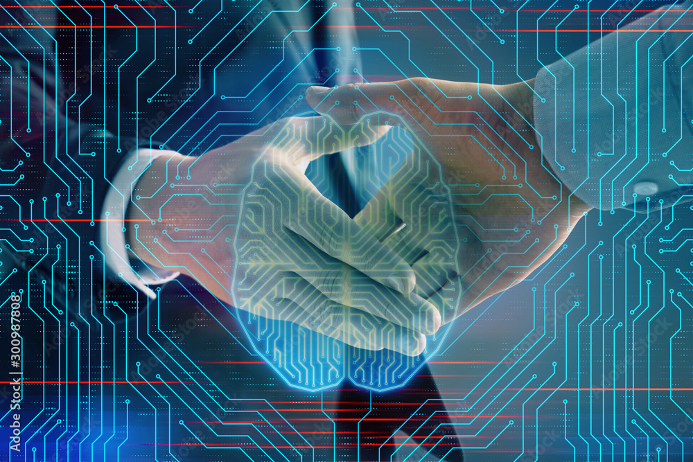 Poster multi exposure of human brain drawing on abstract background with two men handshake. concept of data