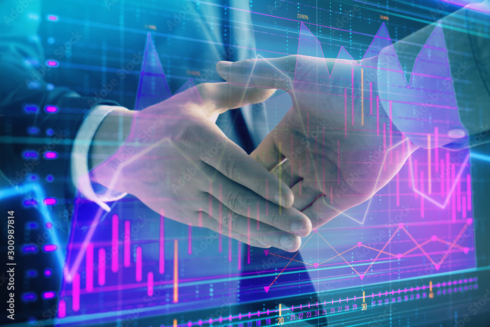 Poster multi exposure of forex graph on abstract background with two businessmen handshake. concept of succ