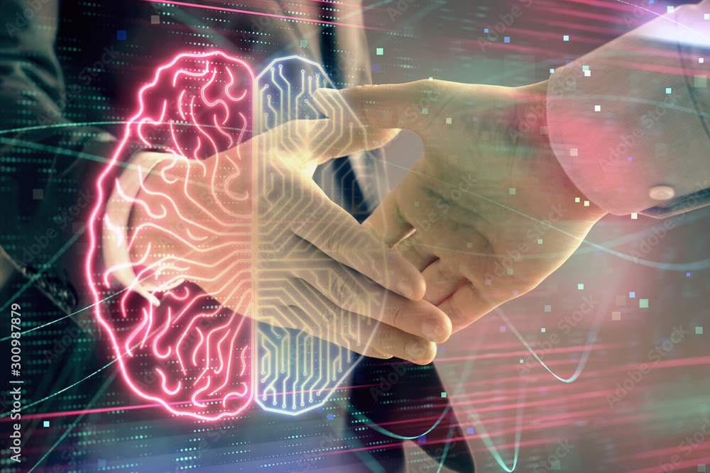Poster multi exposure of human brain drawing on abstract background with two men handshake. concept of data