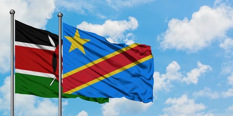 Kenya and Congo flag waving in the wind against white cloudy blue sky together. Diplomacy concept,...