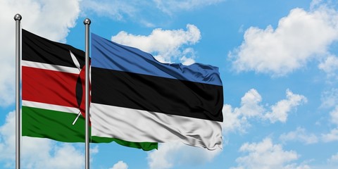 Kenya and Estonia flag waving in the wind against white cloudy blue sky together. Diplomacy concept, international relations.