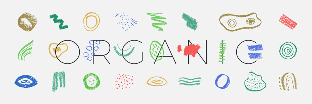 Hand-painted organic products promotion — collection of signs, emblem design elements, bio logos, vector eco friendly icons — green thinking. Vegan, raw, healthy food, tags set, products packaging.