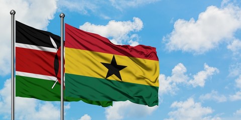 Kenya and Ghana flag waving in the wind against white cloudy blue sky together. Diplomacy concept, international relations.