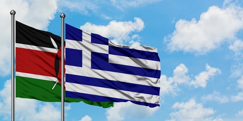 Kenya and Greece flag waving in the wind against white cloudy blue sky together. Diplomacy concept,...