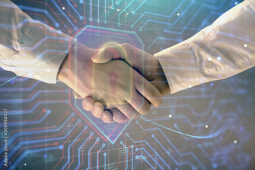 Poster multi exposure of lock icon drawing on abstract background with two men handshake. concept of data s