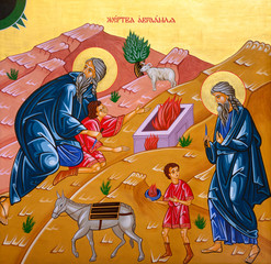 The icon of Abraham about to sacrifice his son Isaac on the Mount Moriah. The Greek Catholic church...